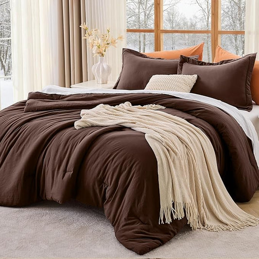 MUXHOMO Queen Comforter Set, All Season Ultra Soft Down Alternative Bedding - 3 Piece Lightweight Bed Set Includes 1 Comforter (90"x90") and 2 Pillow Shams (20"x26"), Dark Brown