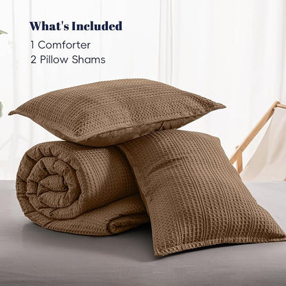 PHF Soft Waffle Comforter Set Queen Size- Comfy Breathable Waffle Weave Comforter with 2 Pillow Shams, 3 Pieces Less Snagging Lightweight Textured Bedding Set for All Season, Mocha