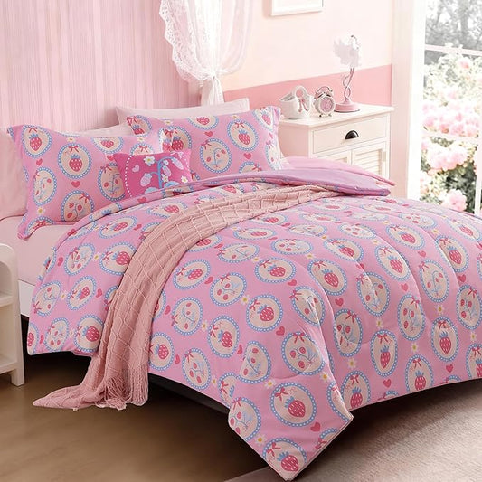 Full Size Comforter Set for Girls - 4 Pieces Pink Strawberry Full Bedding Sets for Kids,1 Comforter, 2 Shams and 1 Decor Pillow
