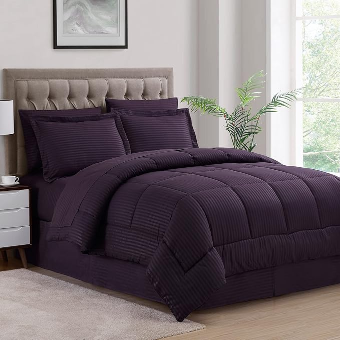 King Size Comforter Set 8 Piece Bed in a Bag with Bed Skirt, Fitted Sheet, Flat Sheet, 2 Pillowcases, 2 Pillow Shams, King, Dobby Purple