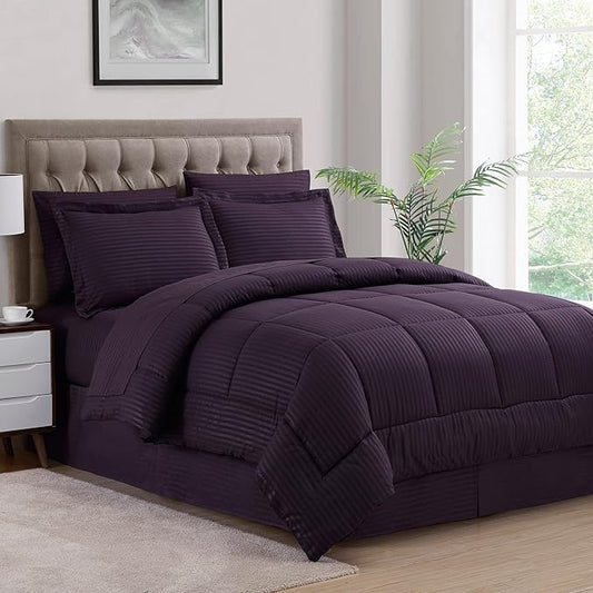 King Size Comforter Set 8 Piece Bed in a Bag with Bed Skirt, Fitted Sheet, Flat Sheet, 2 Pillowcases, 2 Pillow Shams, King, Dobby Purple