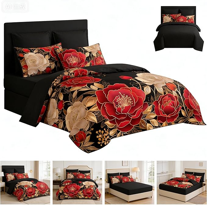 Queen Size Bed in A Bag 7 Piece Comforter Set Vintage Floral Bedding Set for Girls,1 Comforter 90"x90" + 2 Pillowcases + 1 Flat Sheet + 1 Fitted Sheet + 2 Pillowshams, Black Red