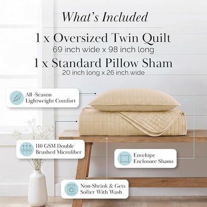 Southshore Fine Living, Inc. Twin XL Comforter Quilt Bedding Set, Dorm Room Essential Bedding, Stain Resistant, Machine Washable Bedspread, XL/Twin Beige Quilt Bed Spread w/Pillow Sham, Soft Sand
