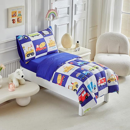 White Navy Toddler Bedding Set for Boys Girls Colorful Cars Vehicle Auto Fire Engine Bulldozer 4PC Toddler Bed Set - Soft Cute Toddler Plaid Patchwork Bed in a Bag with Sheet Set and Pillow Shams