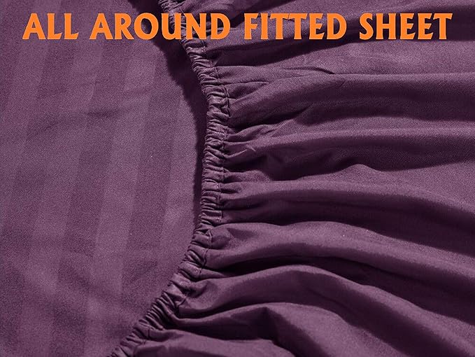Elegant Comfort Best, Softest, Coziest 6-Piece Sheet Sets! - 1500 Premier Hotel Quality Luxurious Wrinkle Resistant 6-Piece Damask Stripe Bed Sheet Set, Queen Eggplant/Purple