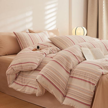 Brown Striped Full Comforter Set Boho Down Alternative Bedding Set Fluffy Washed Cotton Soft Bedroom Bedding Comforter Sets Rustic All Season Cute Cozy Bed Comforter with 2 Pillowcases