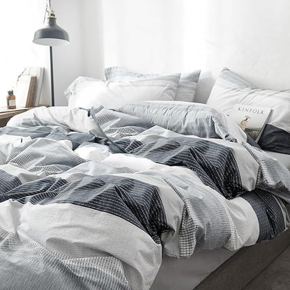 LifeTB Full Comforter Set Blue Grey Striped Bedding Comforter Set Lightweight Soft All Seasons Bedding Sets Fluffy Down Alternative Comforter 3 Pieces Bed Set 1 Striped Comforter with 2 Pillow Shams