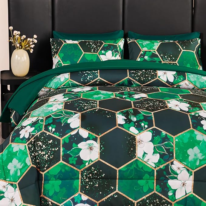 ANGIYUIN Green Marble California King Size Comforter Sets White Flowers Bedding Sets 7Pcs Gold Honeycomb Bed in A Bag for Women Men Luxury Farmhouse Bed Comforter Sets for All Season