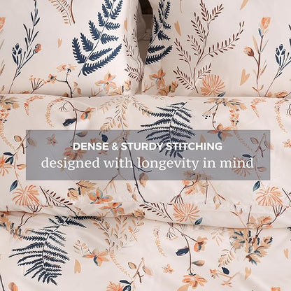 JSD Fall Floral Duvet Cover Set Queen Size, 3 Piece Boho Ferns Printed Microfiber Comforter Covers Zipper Closure