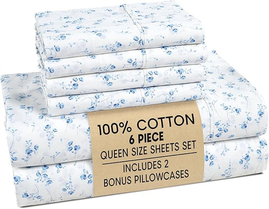Casa Platino Queen Bed Sheets Set – 100% Cotton Sheets Queen with 4 Pillowcases, Ultra Soft & Breathable Cool Fabric, Tailored Fit with 15" Deep Pockets, Great Everyday Sheets – Floralis