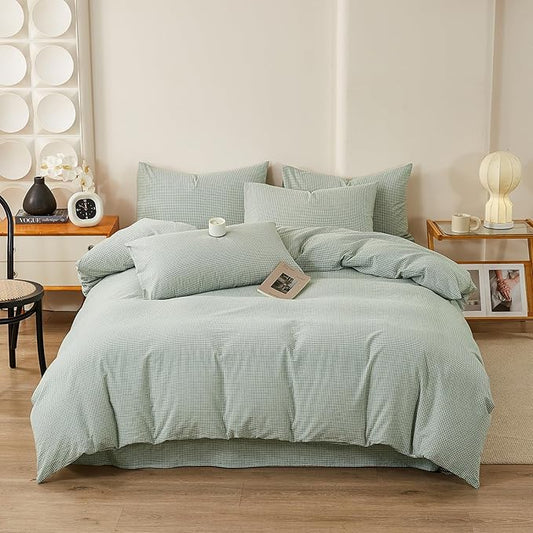 Sage Green Gingham Duvet Cover Twin Washed Cotton Plaid Comforter Cover Twin Boho Farmhouse Soft Breathable Duvet Cover Set with Zipper Checkered Patterned Bedding Set Cute Duvet Protector