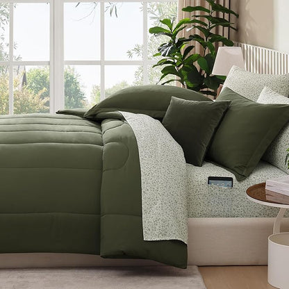 Monbix Queen Comforter Set - 7 Pieces Olive Green Bed in a Bag Queen Track Stitching Bedding Sets, All Seasons Comforter Bed Set with Sheets,Pillowcases & Shams