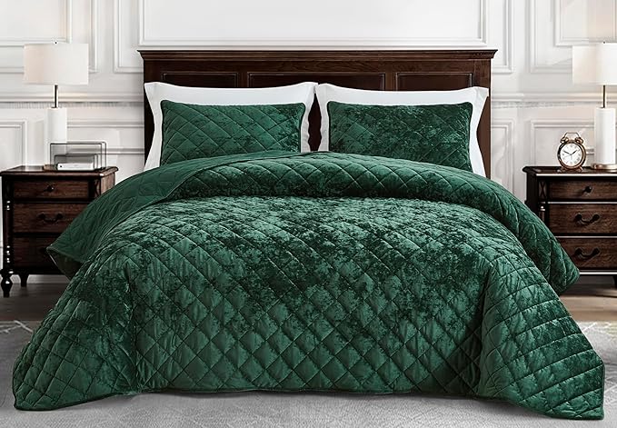 Chezmoi Collection Lux Forest Green Velvet Quilt King Set, 3-Piece Plush Distressed Velvet Bedding All Season Lightweight Comforter Brushed Microfiber Reverse with Diamond Stitch Quilting