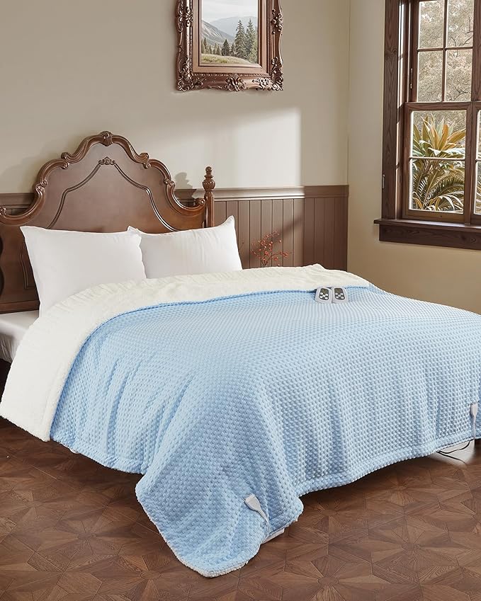 CAROMIO Heated Blanket Full Size, Waffle Weave Electric Blanket Throw with LCD Controller, Fast Heating, 10 Heat Levels & 1-12H Time Settings, ETL Certified, Machine Washable, Light Blue, 72" x 84"