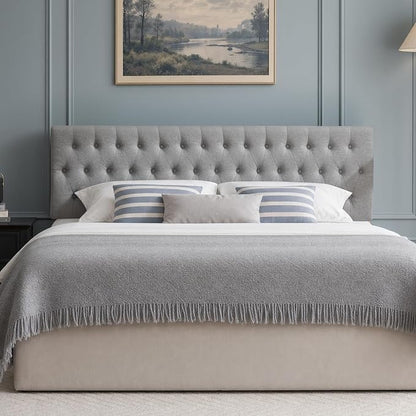 Tufted Upholstered Full Size Bed Headboard in Modern Button Design, Adjustable Solid Wood Head Board, Premium Linen Fabric Padded Headboards in Bedroom (Grey)