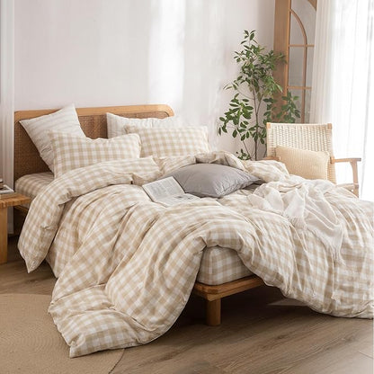 BESTOUCH Duvet Cover Set 100% Washed Cotton Linen Feel Super Soft Comfortable Chic Lightweight 3 PCs Home Bedding Set Almond Grey & White Grid Queen