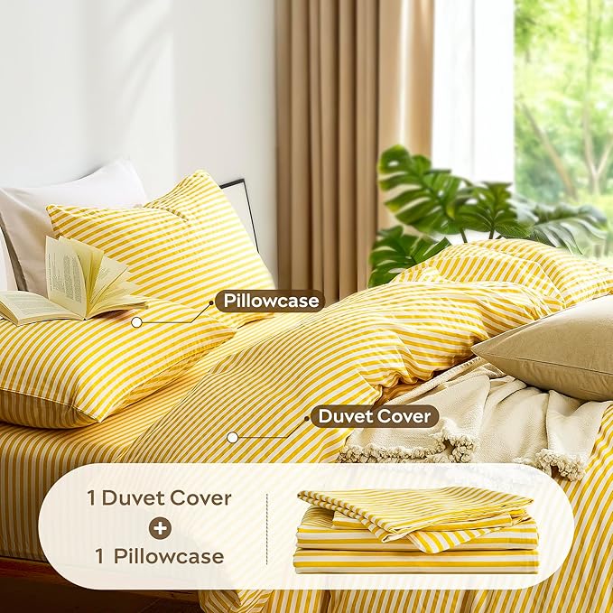 JELLYMONI 100% Natural Cotton 2pcs Striped Duvet Cover Sets,Yellow with White Stripes Pattern Printed Comforter Cover,with Zipper Closure & Corner Ties(Twin Size)