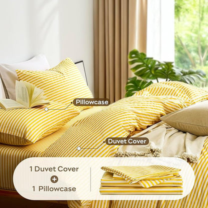 JELLYMONI 100% Natural Cotton 2pcs Striped Duvet Cover Sets,Yellow with White Stripes Pattern Printed Comforter Cover,with Zipper Closure & Corner Ties(Twin Size)