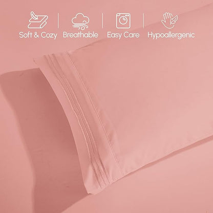 Elegant Comfort Luxurious 1500 Premium Hotel Quality Microfiber Three Line Embroidered Softest 4-Piece Bed Sheet Set, Wrinkle and Fade Resistant, Full, Dusty Rose