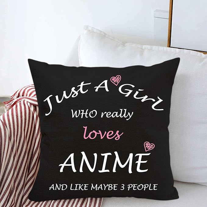 Anime Lover Gifts for Girls Two Sided Throw Pillow Cover - Just A Girl Who Really Loves Anime 18"x 18"(Black)