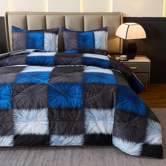 Caressma Black and Navy Blue Checkered Comforter Bedding Set, Full Size Blue White Plaid Comforter Set for Boys, Fluffy Black Grid Home Decor for All Seasons