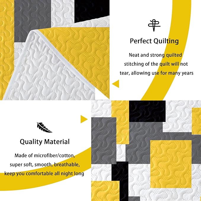 3 Piece Yellow Grey Quilt Set King Size Yellow Gray White Geometric Reversible Bedding Set Microfiber Lightweight Bedspread Coverlet with 2 Shams Modern Bed Cover for All Season, 106''x96''