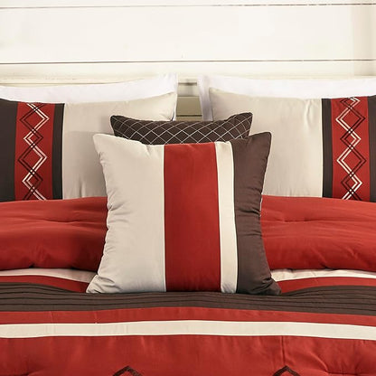 Chezmoi Collection Arden 7-Piece Modern Pleated Stripe Embroidered Zigzag Bedding Comforter Set (Full, Spice/Brown/Coffee Cream)