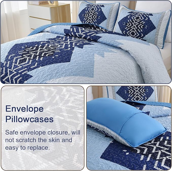 Dintszyayue Blue Quilt Set Queen Size,3 Pieces Aztec Texture Bedding Coverlet Set Boho Bedspread Geometric Pattern Quilt Bedding Set Reversiber Microfiber Quilt Bed Spread for All Season(Blue,90"x96")