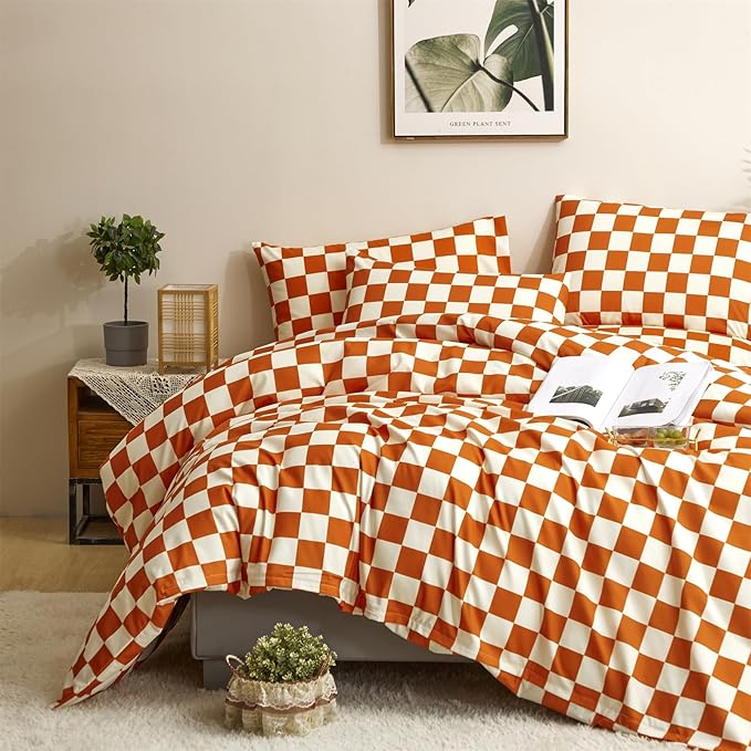 CLOTHKNOW Orange Plaid Full Size Comforter Set Grid Bedding Comforter Sets Terracotta Checker Comforter with 2 x Pillow Cases
