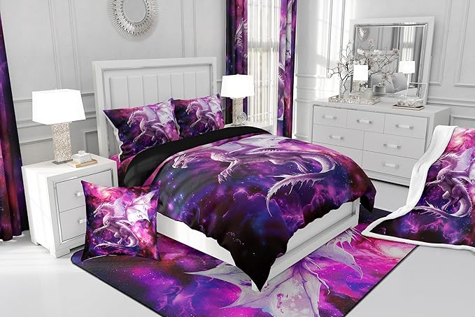 Flying Dragon Comforter Set Queen Size,Galaxy Outer Space Bedding Set for Kids Boys Teens Adults Room Decor,Starry Sky Western Magical Animal Duvet Insert 3Pcs,Nebula Glitter Quilt Set,2 Pillowcases