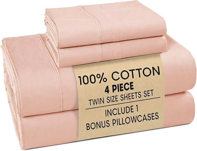 Casa Platino 100% Cotton Twin Size Sheets Set – 4 Piece Crisp Percale Twin Size Cooling Sheets, Lightweight for Summer, with 15" Deep Pocket Fitted Sheet Nightly Comfort & Airy Sleep – Veiled Rose