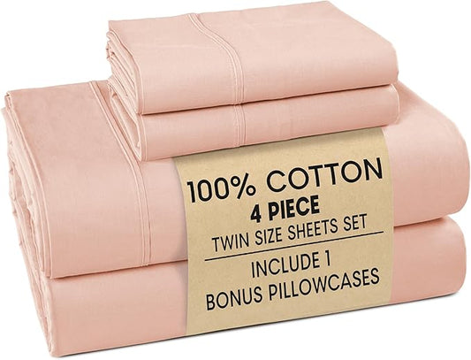 Casa Platino 100% Cotton Twin Size Sheets Set – 4 Piece Crisp Percale Twin Size Cooling Sheets, Lightweight for Summer, with 15" Deep Pocket Fitted Sheet Nightly Comfort & Airy Sleep – Veiled Rose
