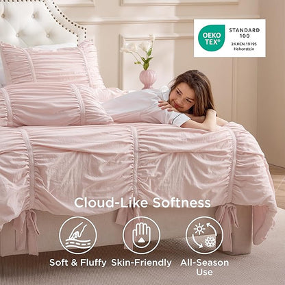 Bedsure Ruched Comforter Set with Bow Trim Pink, GentleSoft™ 3 Pieces Bow Shabby Chic Bedding Pink Room Decor, Full Boho Bedding for Girls Teens Women, 1 Bed Comforter, 2 Pillow Shams, 82x86 Inches