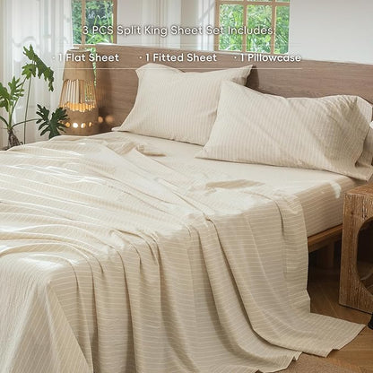 MooMee Striped Sheet Set 100% Washed Cotton Linen Like Textured Breathable Durable Soft Comfy (Almond Milk Grey White Wide Stripes, King)