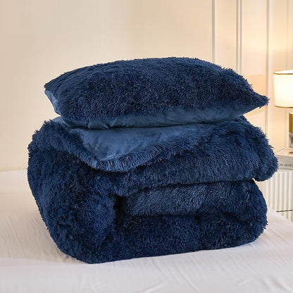 Andency Fluffy Navy Blue Comforter Set Queen Size, 3 Pieces Winter Faux Fur Warm Soft Fuzzy Plush Bedding Comforter Set (1 Velvet Comforter & 2 Pillowcases), Thick Heavy Comfy Comforters Bedding Set