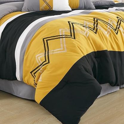 Chezmoi Collection Arden 7-Piece Modern Pleated Stripe Embroidered Zigzag Bedding Comforter Set (California King, Turmeric/Black/Silver Gray/White)