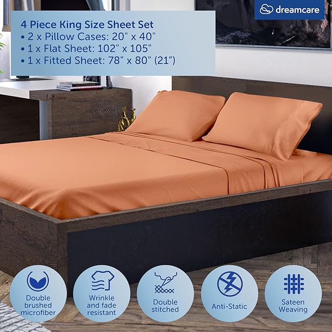 DREAMCARE King Size Sheets Set – 4 pcs Super Soft & Lightweight Cooling Sheets – up to 21” Deep Pocket King Sheet Set Hotel Luxury Sheets & Pillowcases 100% Microfiber with Side Pocket, Terracota