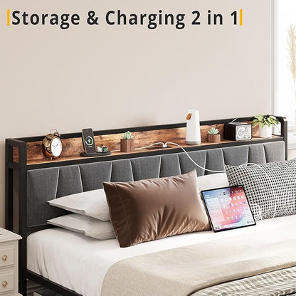 LIKIMIO Queen Bed Frame, Storage Headboard with Charging Station, Platform Bed with Drawers, No Box Spring Needed, Easy Assembly, Vintage Brown and Gray