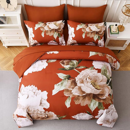 Dobuyly Burnt Orange Comforter Set King Size 7 Piece Bed in a Bag, Floral Printed on Terracotta Comforter Set with Sheets, Soft Microfiber Botanical Fall Bedding Set for All Season
