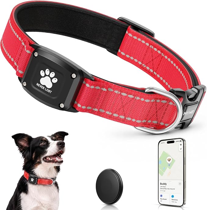 GPS Dog Collar Tracker 2-in-1,Reflective Waterproof Pet Collar,iOS-Only,No Monthly Fees,Unlimited Range,Dog Tracking Collar Pet Tracker,for Small Medium Large Dogs(L (16.5"-23.5"), Red)