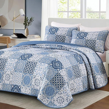 Dobuyly Blue Quilt Set King Size, Boho Mineral Blue Plaid Patchwork Bedspreads Coverlet Set, 3 Pieces Soft Lightweight Microfiber Quilt Bedding Set for All Seasons 110"x90"