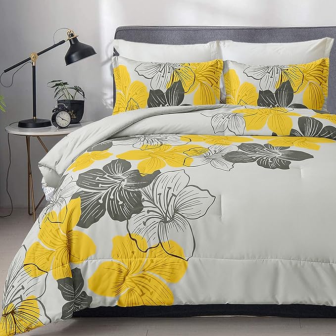Menghomeus Floral Comforter Set Full Yellow Floral Pattern Printed on Grey - Soft Microfiber Bedding Set Lightweight Boho Bed Comforter Set for All Season, 3 Piece