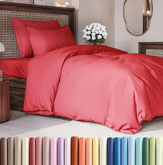 Duvet Cover Twin/Twin XL Size Set - Extra Soft Twin/Twin XL Duvet Cover 68" x 90" with 1 Pillow Sham - Hotel Luxury, Easy Care, Fade Free with Zipper Closures & Ties - Comfy, Cozy and Breathable (Red)