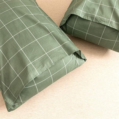 JELLYMONI 100% Natural Cotton 2pcs Plaid Duvet Cover Sets,Green with White Grid Geometric Pattern Printed Comforter Cover,with Zipper Closure & Corner Ties(Twin Size)