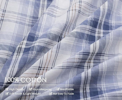 SLEEPBELLA Blue White Plaid Duvet Cover Set, 100% Cotton Bedding, Buffalo Grid Geometric Checker Pattern, with Button Closure (3pcs, King Size)