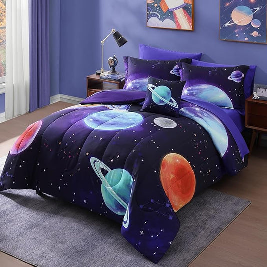 Full Size Comforter Set for Boys - 4 Pieces Navy Blue Space Rocket Full Bedding Sets for Kids, 1 Comforter, 2 Shams and 1 Decor Pillow