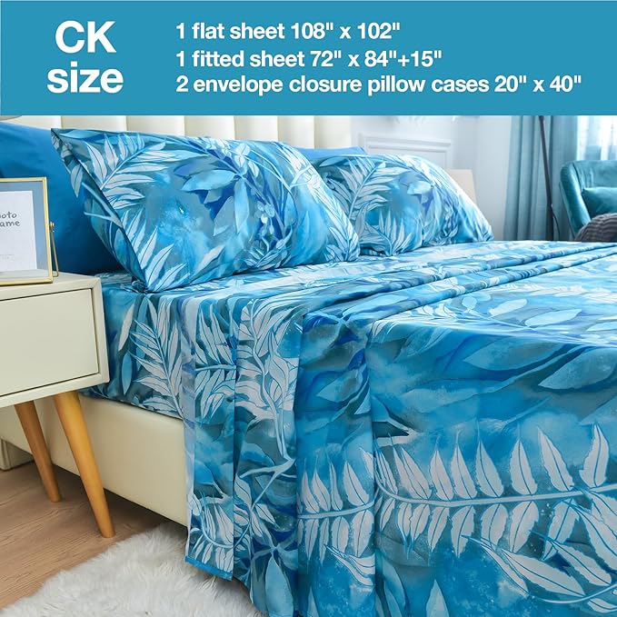 JSD Teal Blue Tropical Leaves Sheet Set Cal King, 4 Piece Printed Microfiber Sheets Extra Deep Pocket Wrinkle Free