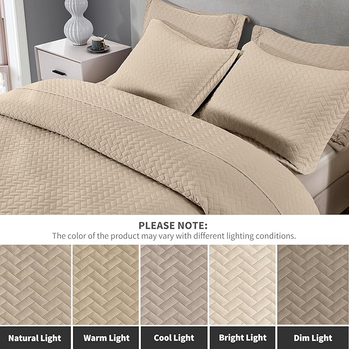Maple&Stone Quilt Set Queen Size, Lightweight Beige Bedspread Ultrasonic Chevron Pattern Light Coverlet for All Season Comforter Bedding Decor - 3 Piece Full Bed Cover Sets