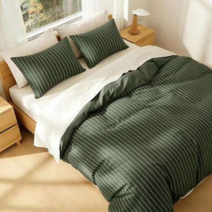 Striped Comforter Set King Size - 3 Pieces Green White Striped Comforter Bedding Sets Checkered Pattern,Kingsize Bed in a Bag with Stripes Comforter and 2 Pillowcases