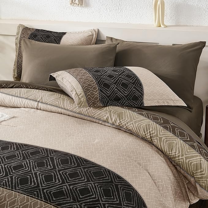 Dinjoy Boho Queen Comforter Set Light Brown,7 Piece Bed in a Bag Queen Size Warm Striped Bedding Sets with Plaid Fall Comforters Bed Set with Sheets for Family All Season